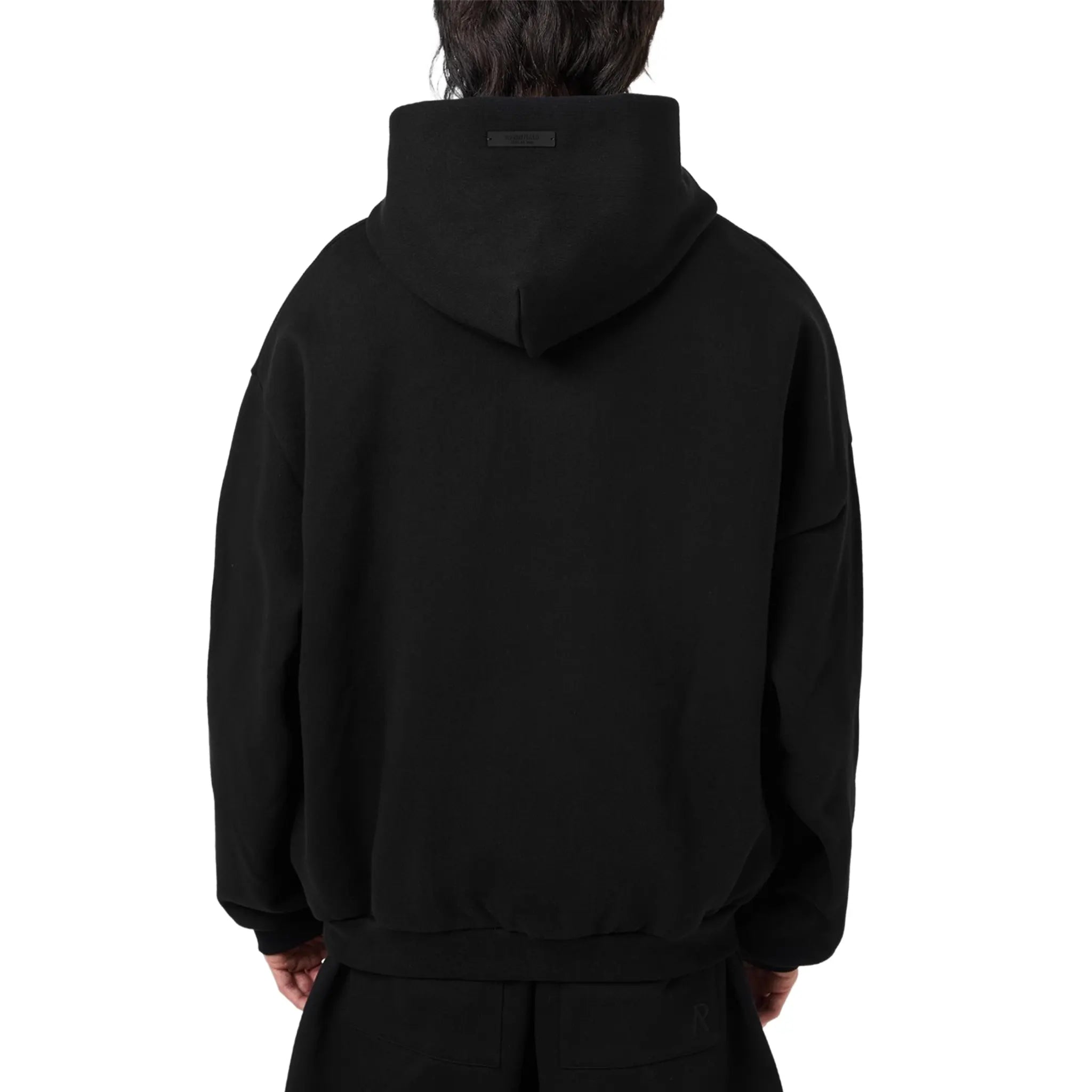 Back View of Fear Of God Essentials Fleece Black Hoodie (FW24) 192BT246250F